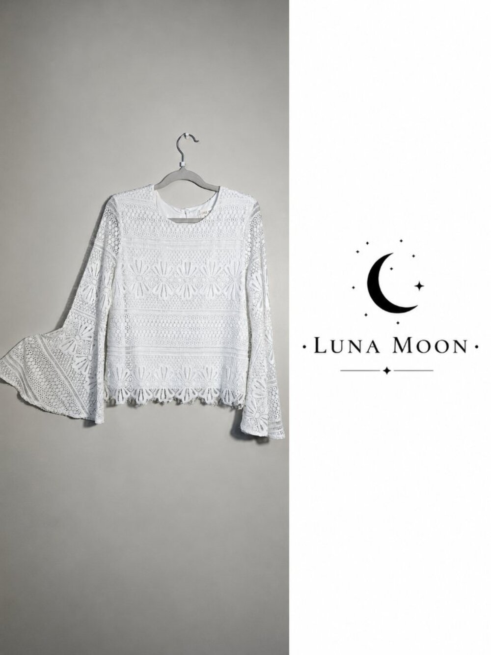 Luna Moon White Lace Crochet Bell Sleeve Blouse Women's Large Boho Floral Top